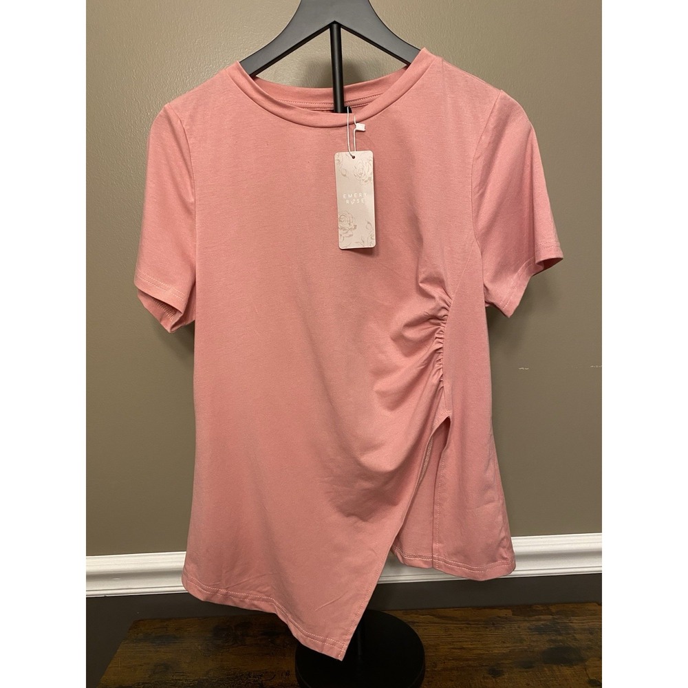 Casual Round Neck Loose Tee Tops Short Sleeve Blouse Shirt Irregular Pleat‎ Pink
